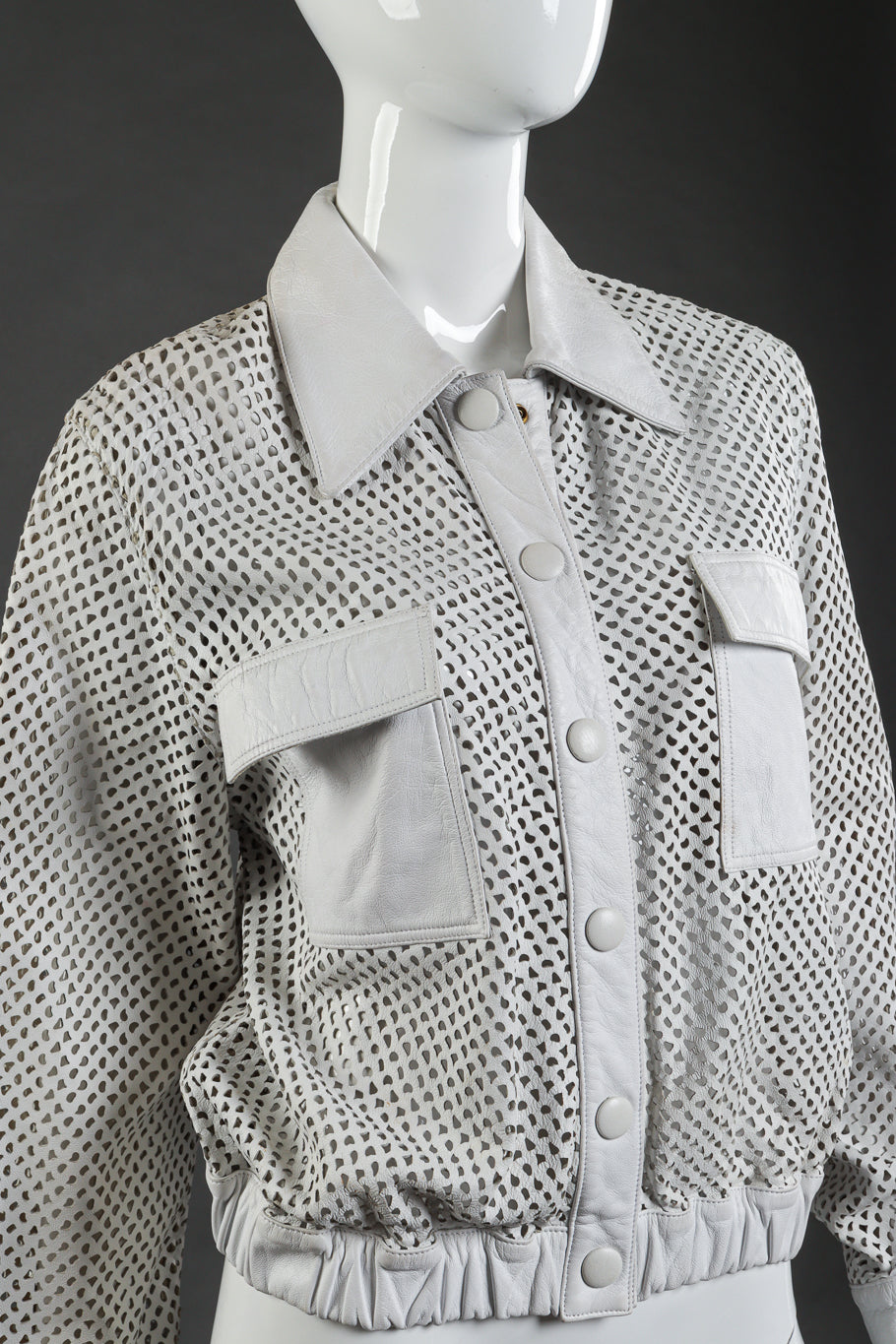 Vintage Julian K Perforated Leather Jacket front on mannequin closeup @recess la