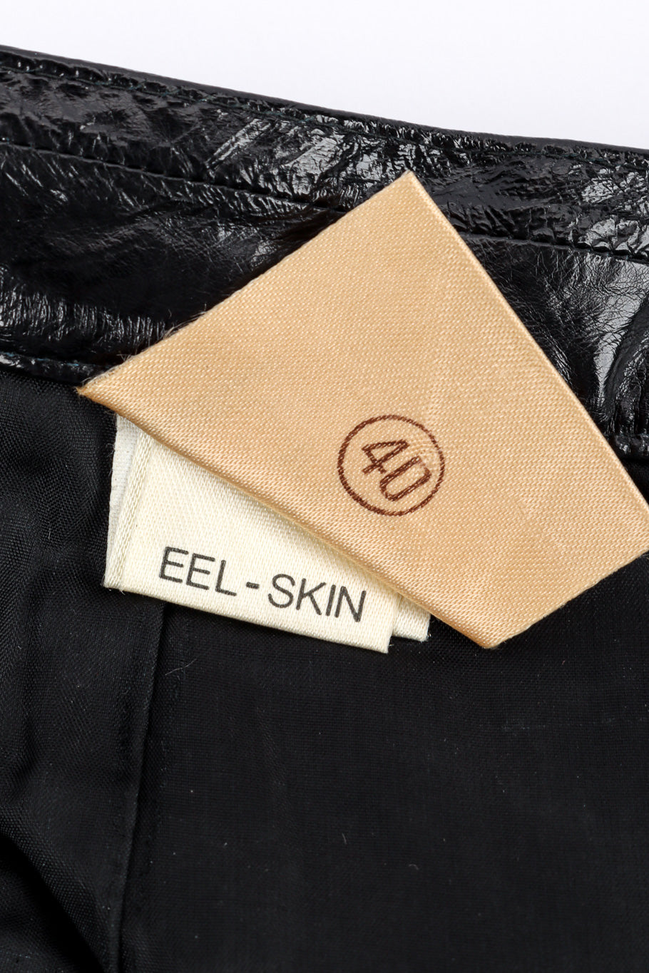Vintage Krizia Eel Patent Leather Skirt size and content label closeup @recessla