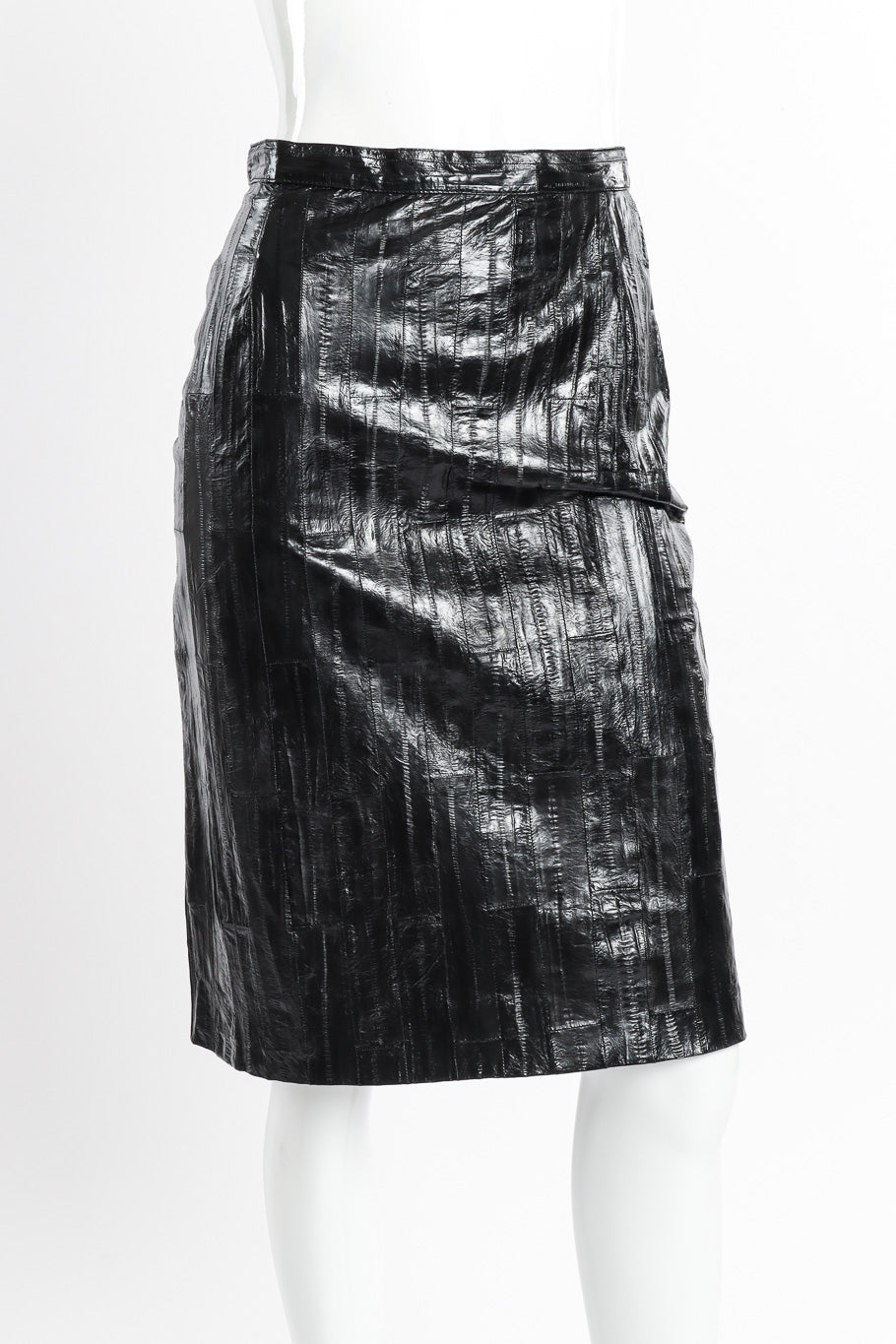 Vintage Krizia Eel Patent Leather Skirt front view on mannequin closeup @recessla