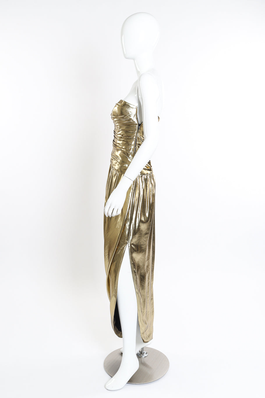 Asymmetrical Strapless Ruche Gown by Lillie Rubin on mannequin side @recessla