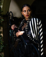 Valentino Beaded Fishnet Knit Top front on model with striped jacket
