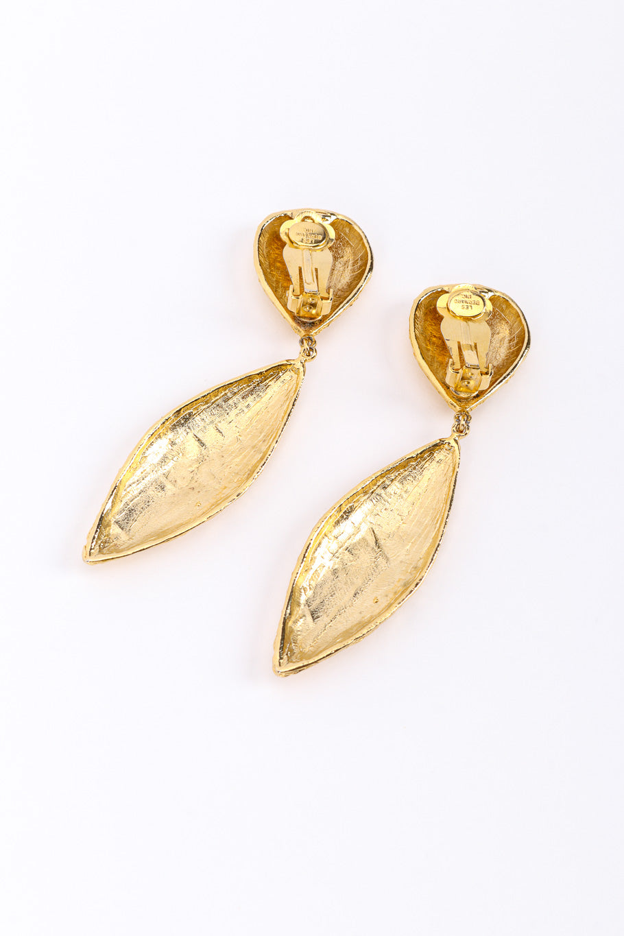 Vintage Les Bernard Gold Foil Leaf Drop Earrings back @recessla