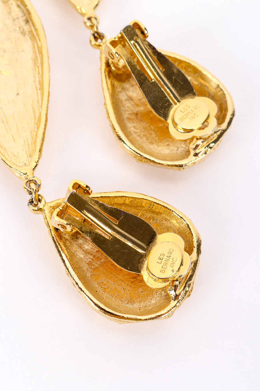 Vintage Les Bernard Gold Foil Leaf Drop Earrings signature cartouche closeup @recessla