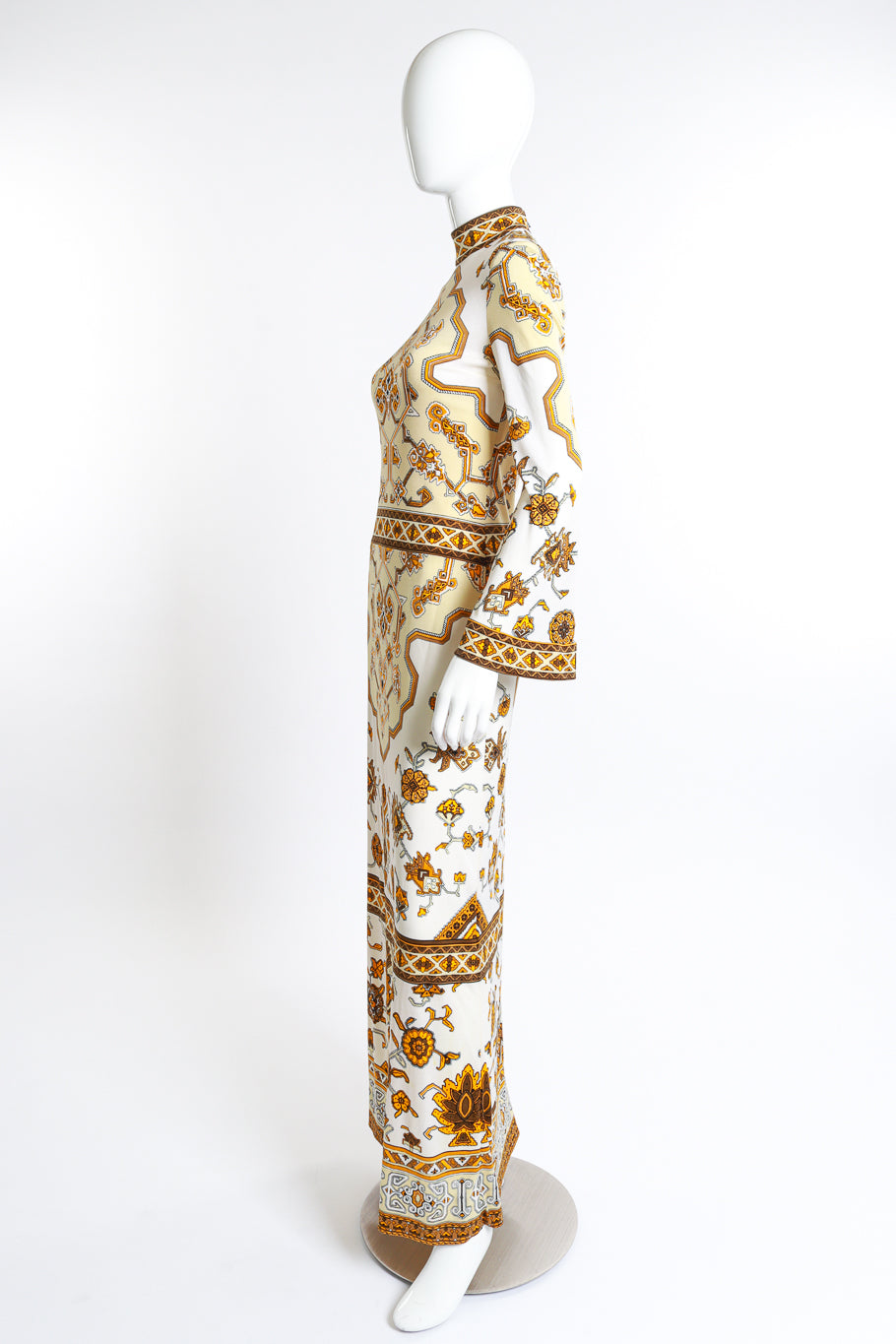 Vintage Leonard mock neck geo print maxi dress left side sleeve view on mannequin @RECESS LA