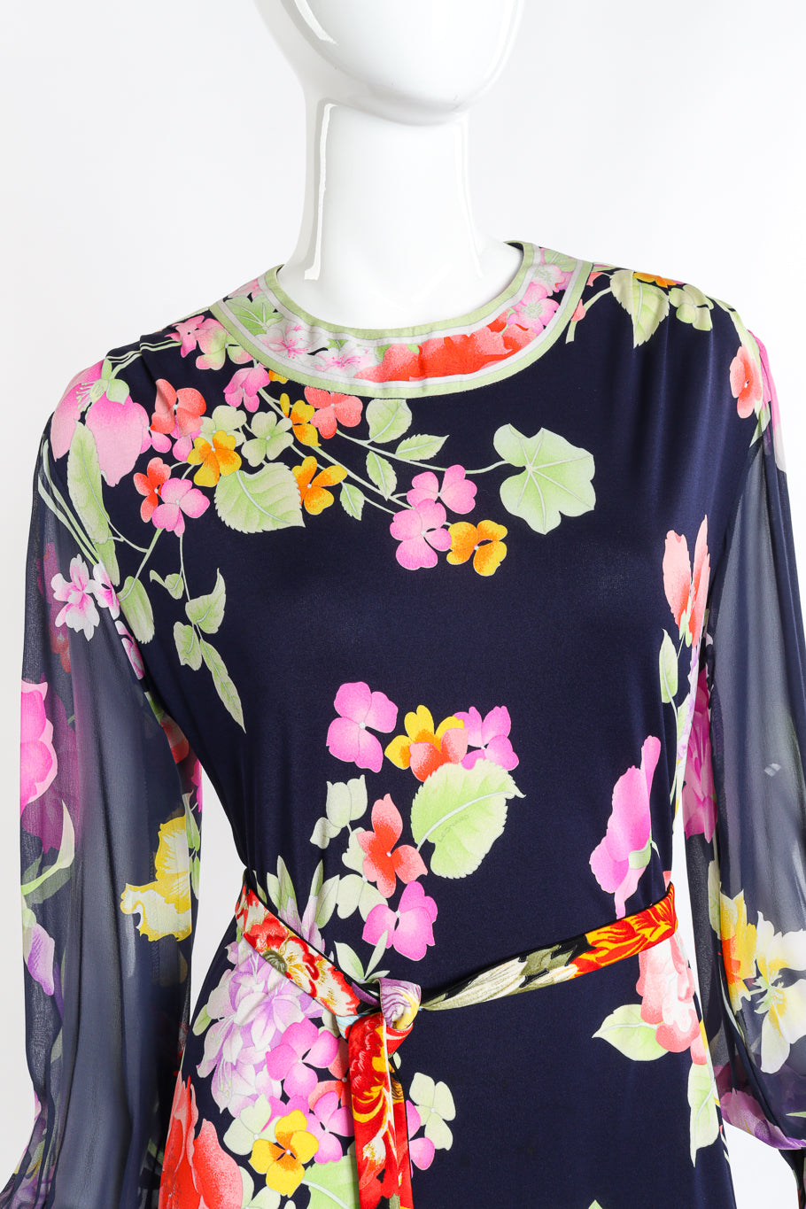 Vintage Leonard Floral Silk Jersey Dress front neckline on mannequin closeup @recess la