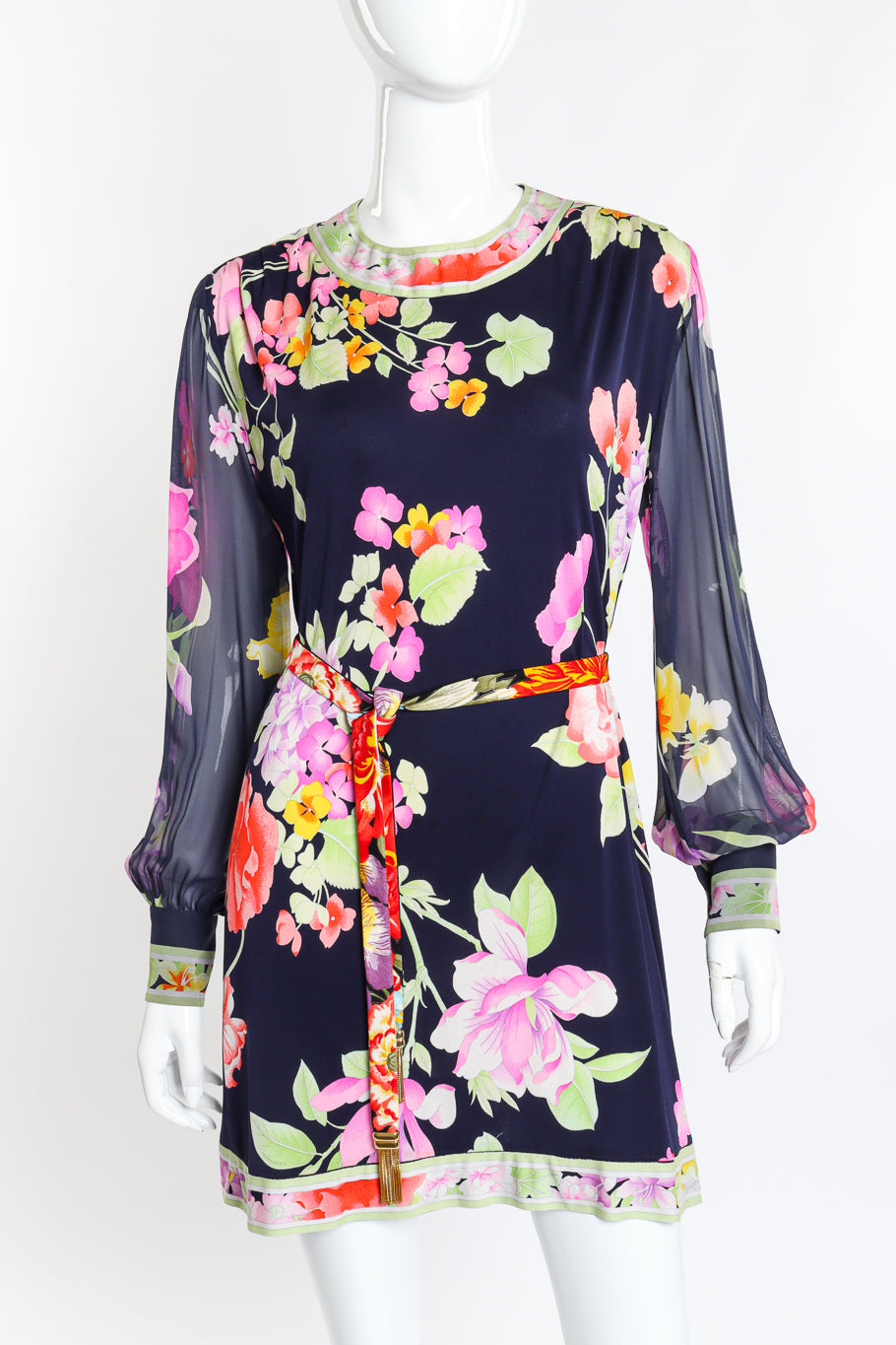 Vintage Leonard Floral Silk Jersey Dress front on mannequin closeup @recess la