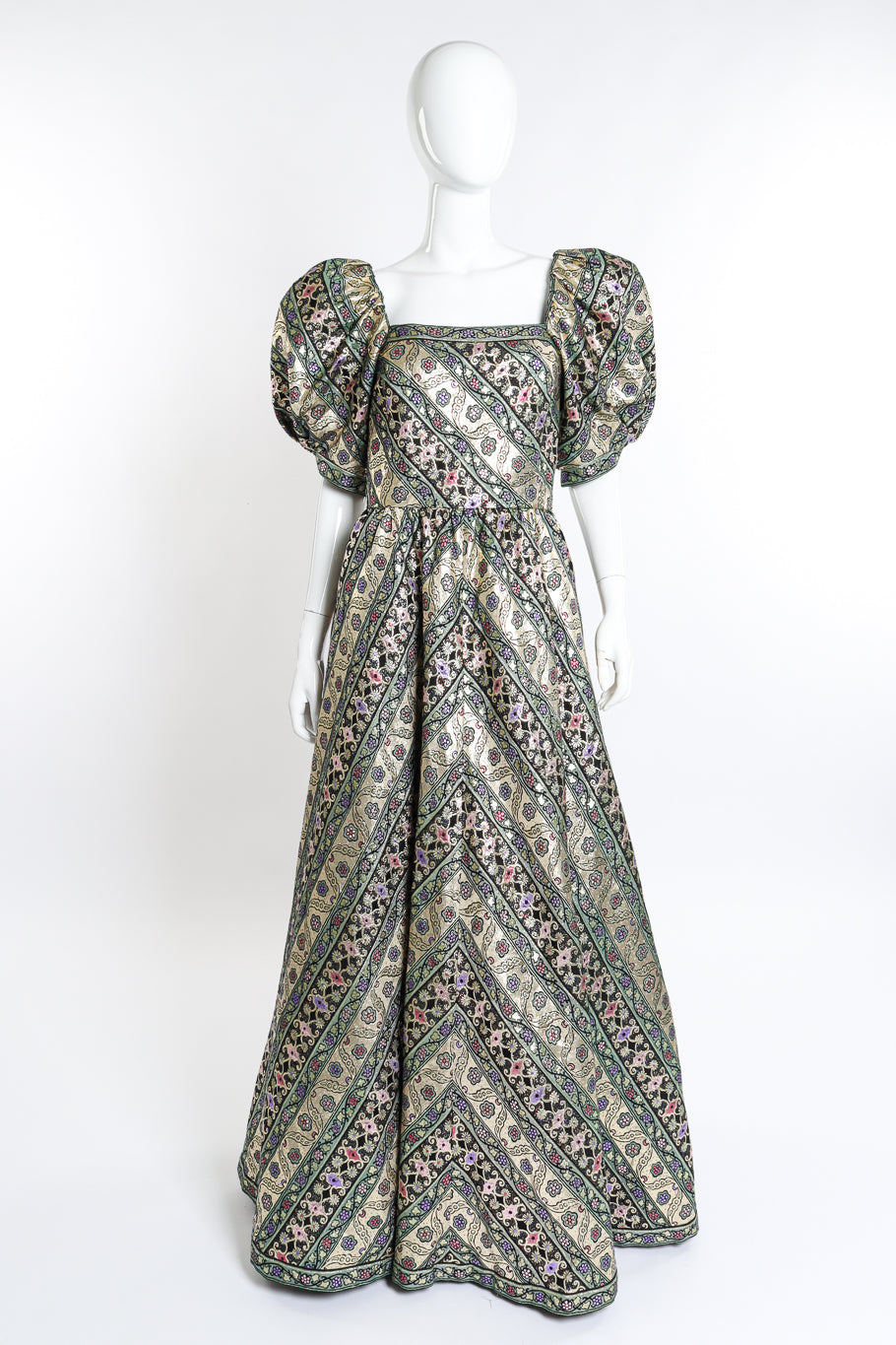 Vintage Leonard Metallic Floral Brocade Stripe Gown front on mannequin @recess la