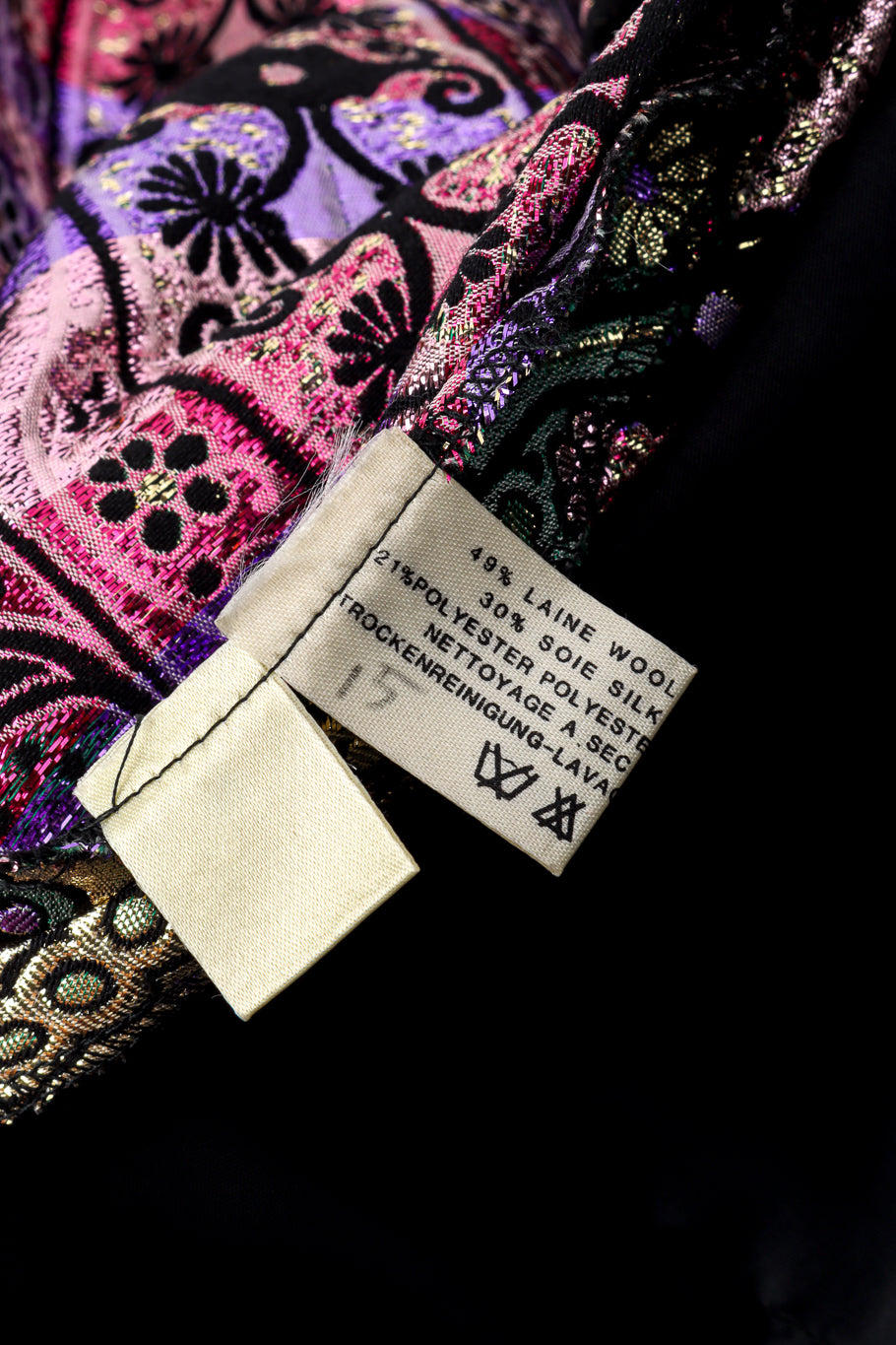 Vintage Leonard Metallic Floral Brocade Stripe Gown fabric label @recess la