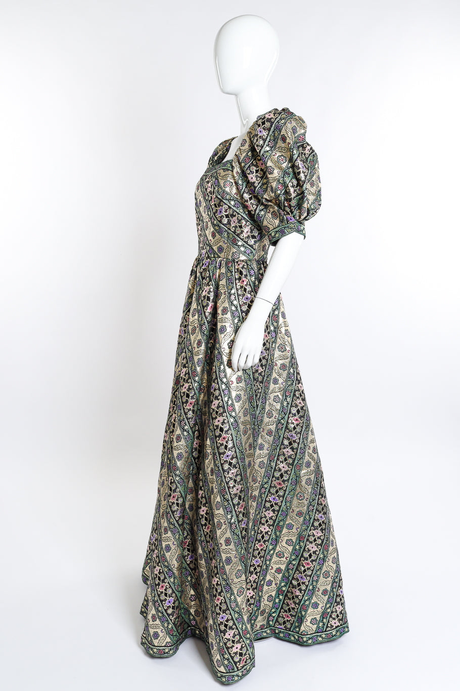 Vintage Leonard Metallic Floral Brocade Stripe Gown side on mannequin @recess la