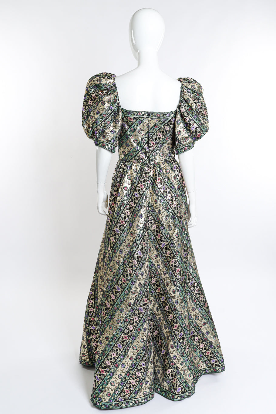 Vintage Leonard Metallic Floral Brocade Stripe Gown back on mannequin @recess la