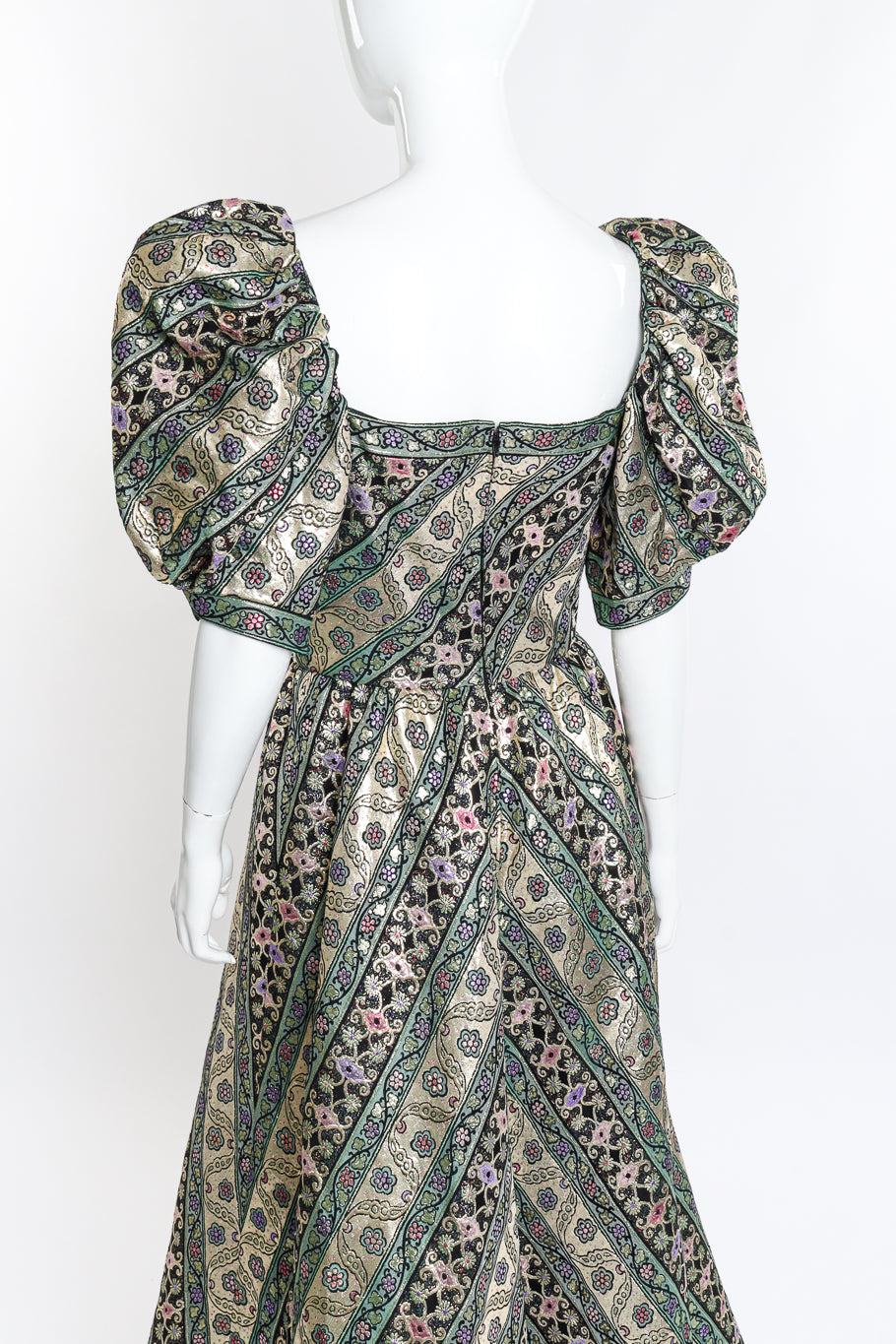 Vintage Leonard Metallic Floral Brocade Stripe Gown back on mannequin closeup @recess la