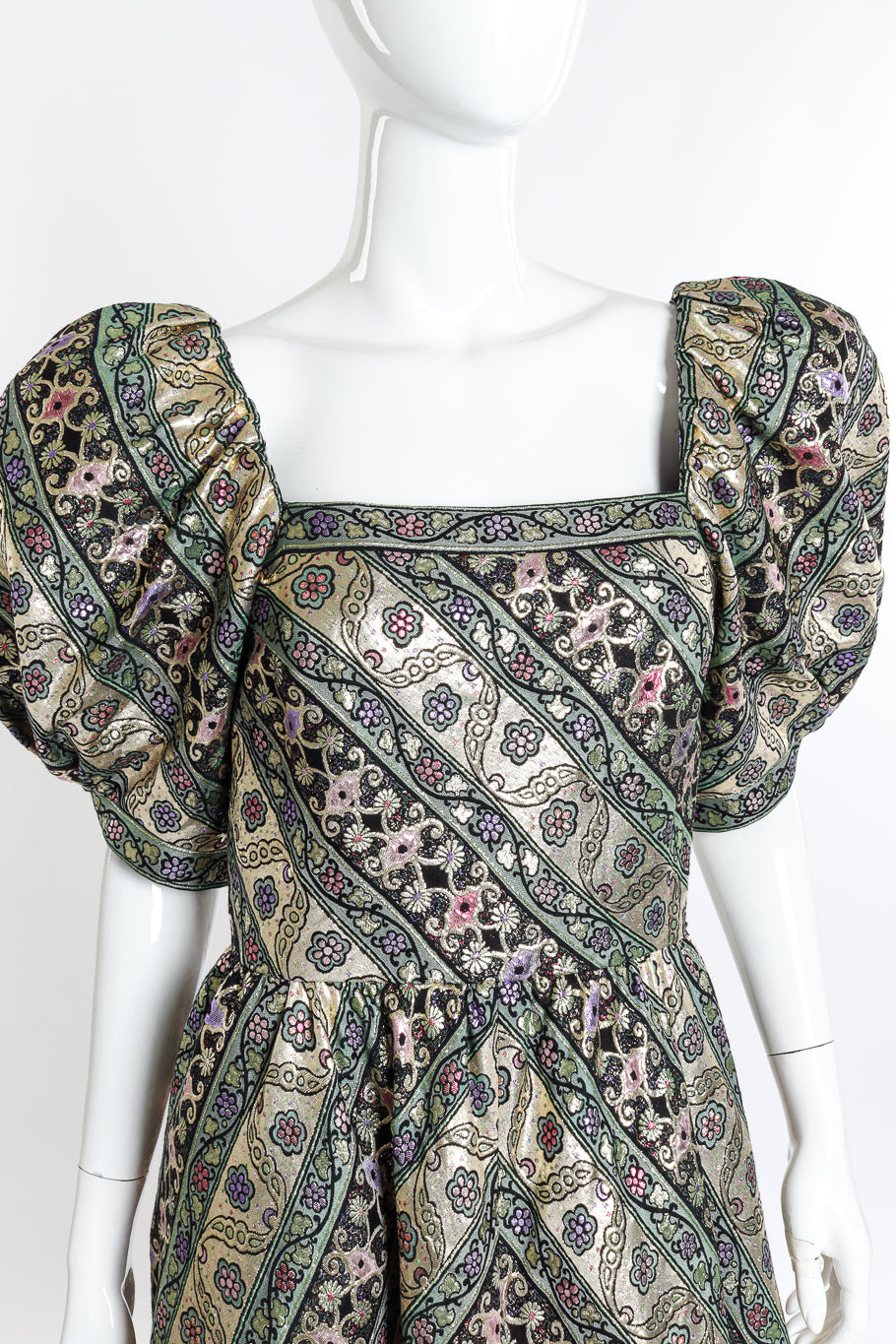 Vintage Leonard Metallic Floral Brocade Stripe Gown front on mannequin closeup @recess la