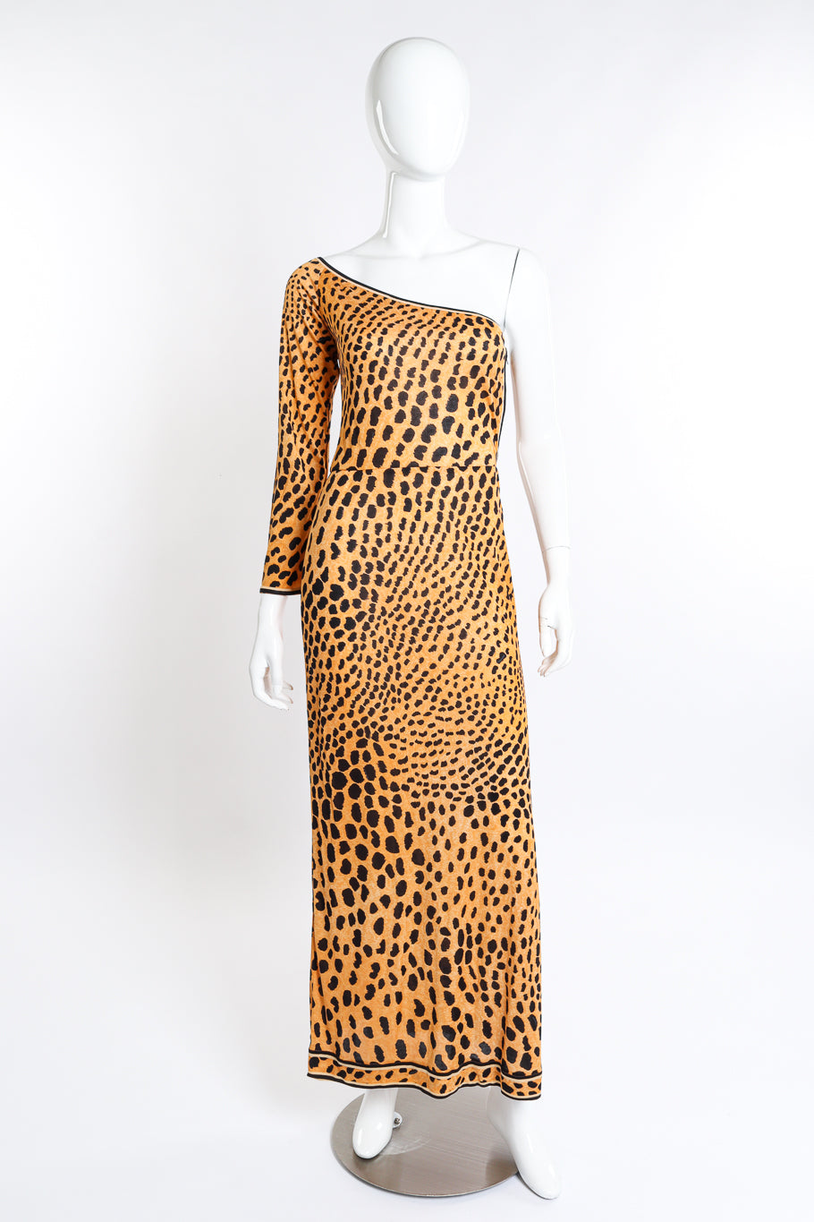 Vintage Leonard One Shoulder Cheetah Print Dress & Sash front on mannequin @recess la