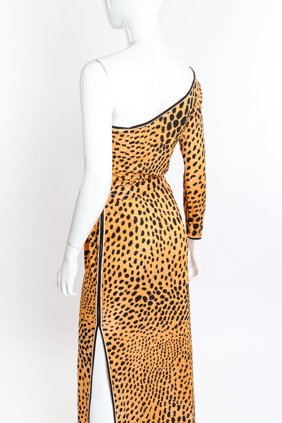 Vintage Leonard One Shoulder Cheetah Print Dress & Sash back on mannequin closeup @recess la