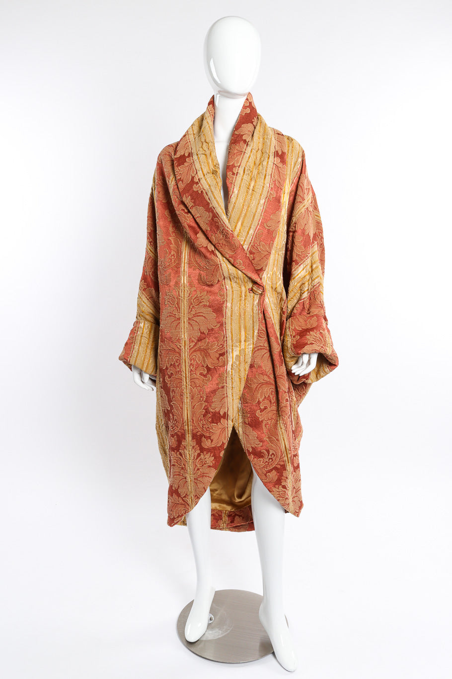 Vintage Les Habitudes Draped Brocade Cocoon Coat front on mannequin @recessla