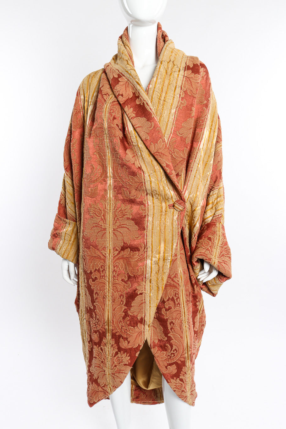 Vintage Les Habitudes Draped Brocade Cocoon Coat front on mannequin closeup @recessla