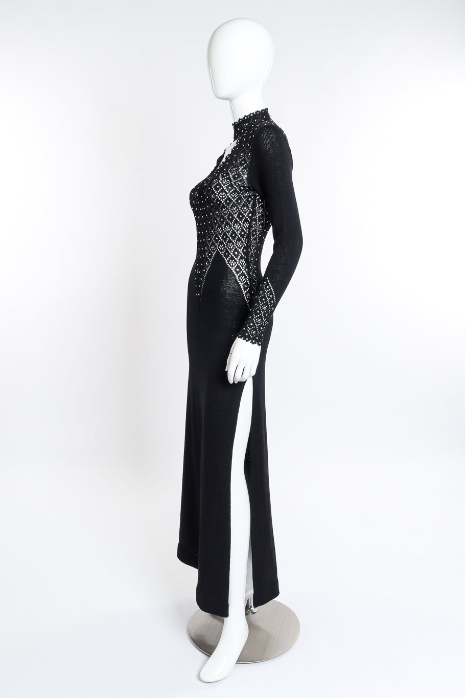 Vintage Lillie Rubin Crochet Crystal Knit Dress side on mannequin @recess la