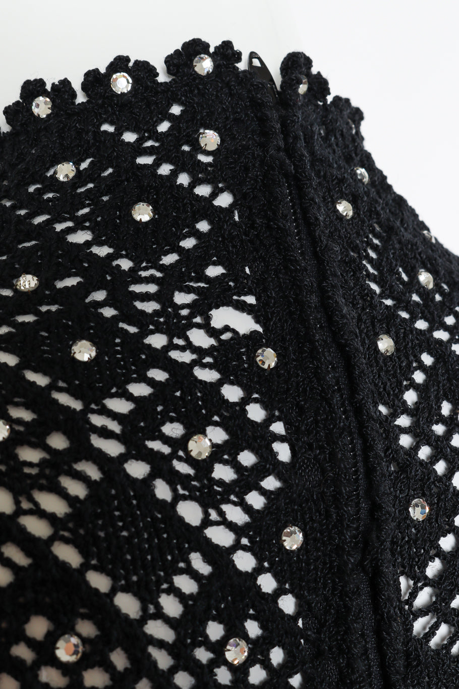 Vintage Lillie Rubin Crochet Crystal Knit Dress back zip closure closeup @recess la