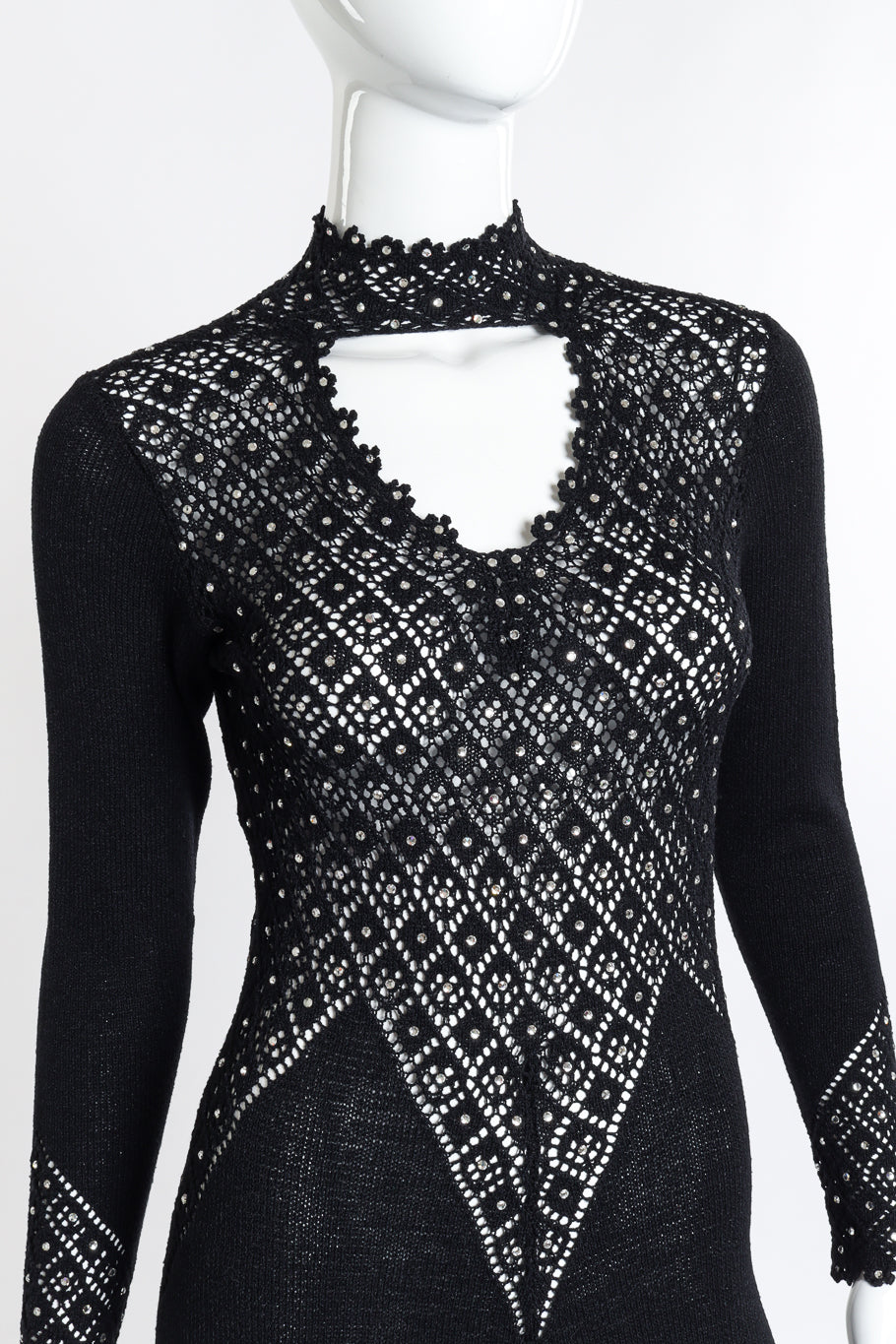 Vintage Lillie Rubin Crochet Crystal Knit Dress front on mannequin closeup @recess la