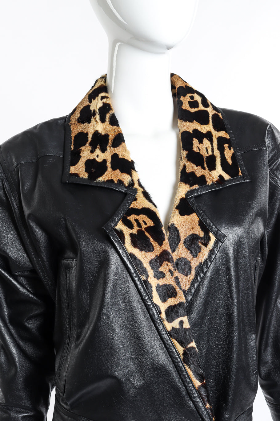 Vintage Lillie Rubin Leopard Trim Leather Jacket front on mannequin closeup @recess la