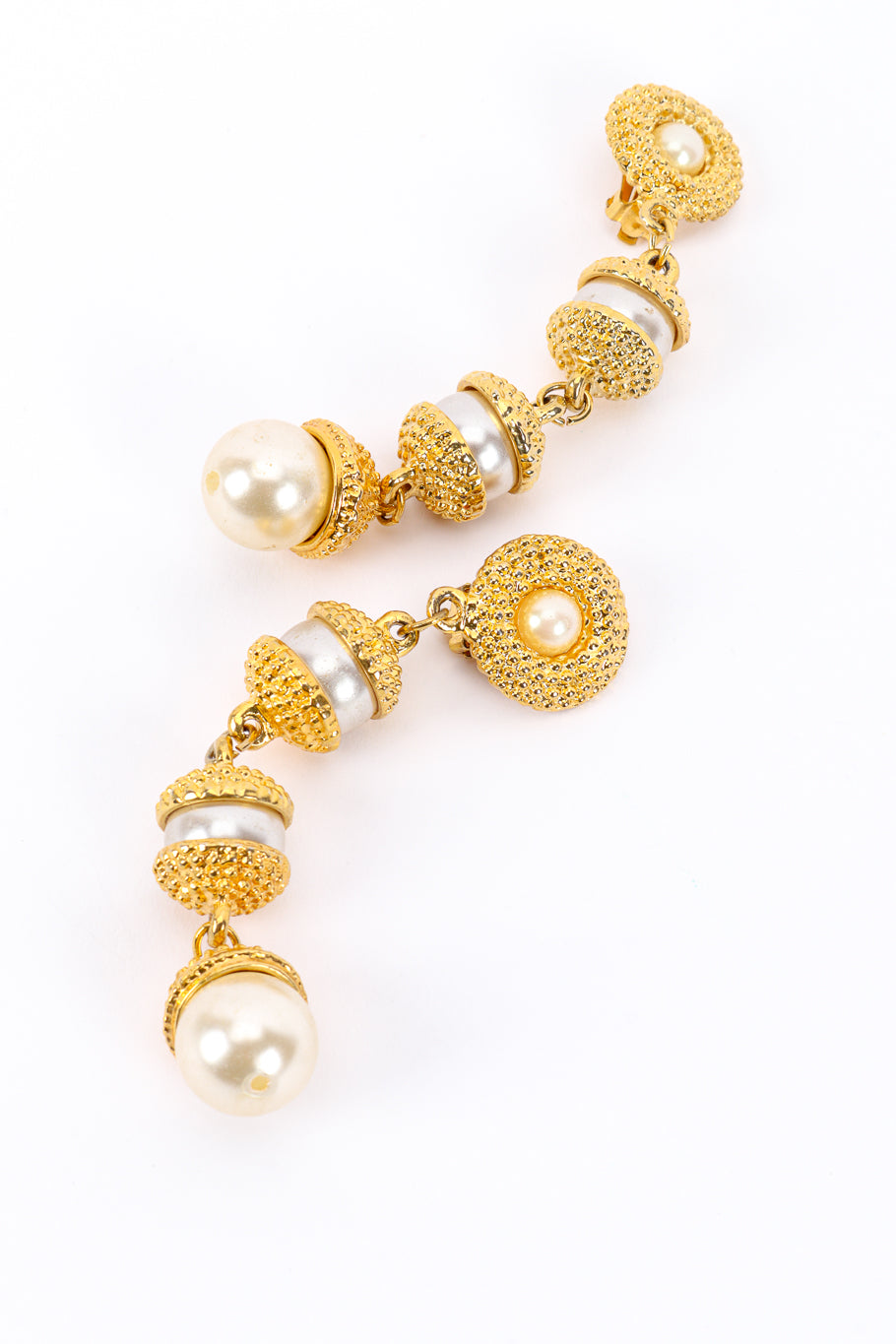 Vintage Pearl Barrel Drop Earrings curved away from each other @recessla