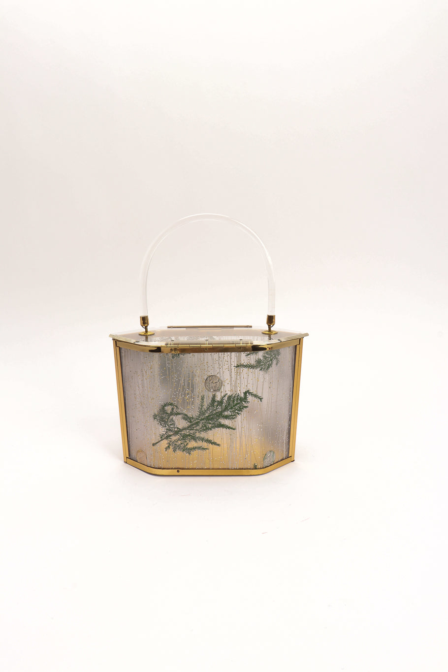 Vintage Majestic Pressed Foliage Lucite Box Bag back view on white backdrop @Recessla
