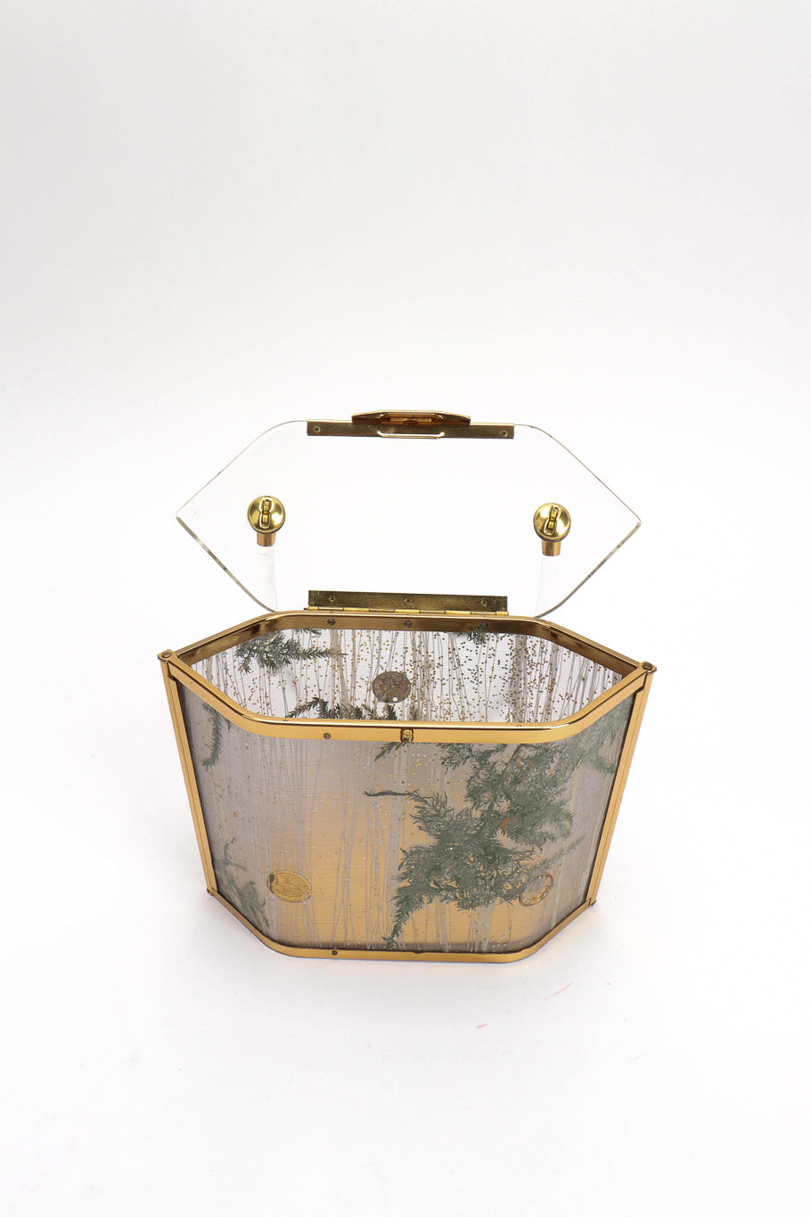 Vintage Majestic Pressed Foliage Lucite Box Bag front view open top on white backdrop @Recessla