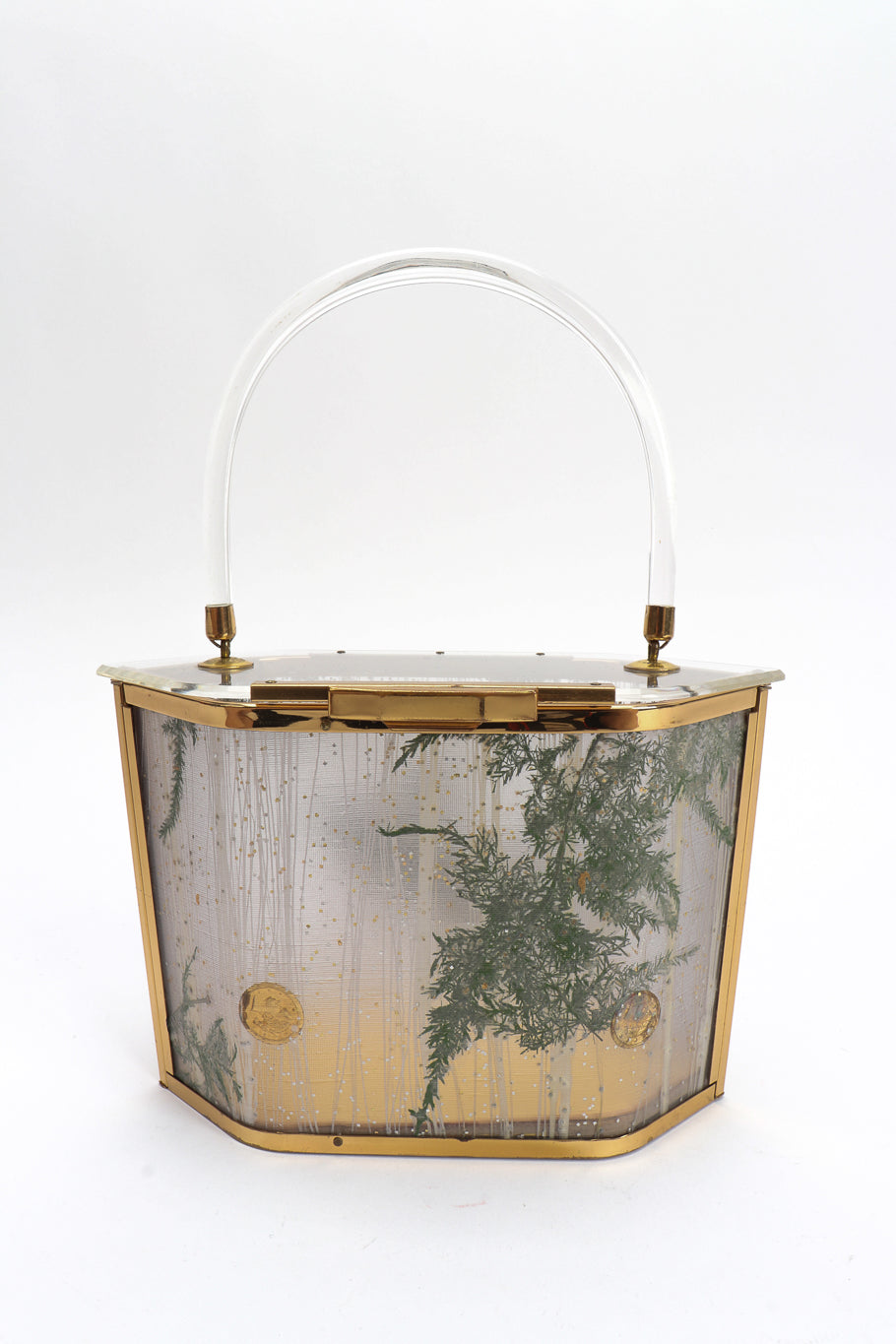 Vintage Majestic Pressed Foliage Lucite Box Bag front view on white backdrop @Recessla
