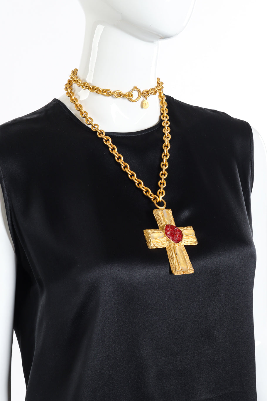 Long Raw Gem Cross Necklace by MCM looped on mannequin @recessla