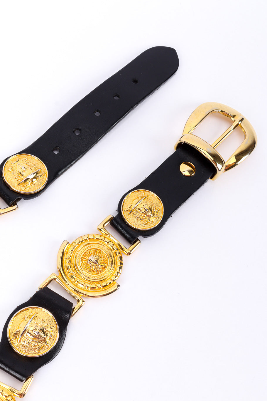 Medallion linked leather belt by Milos on white background buckle and end tip @recessla