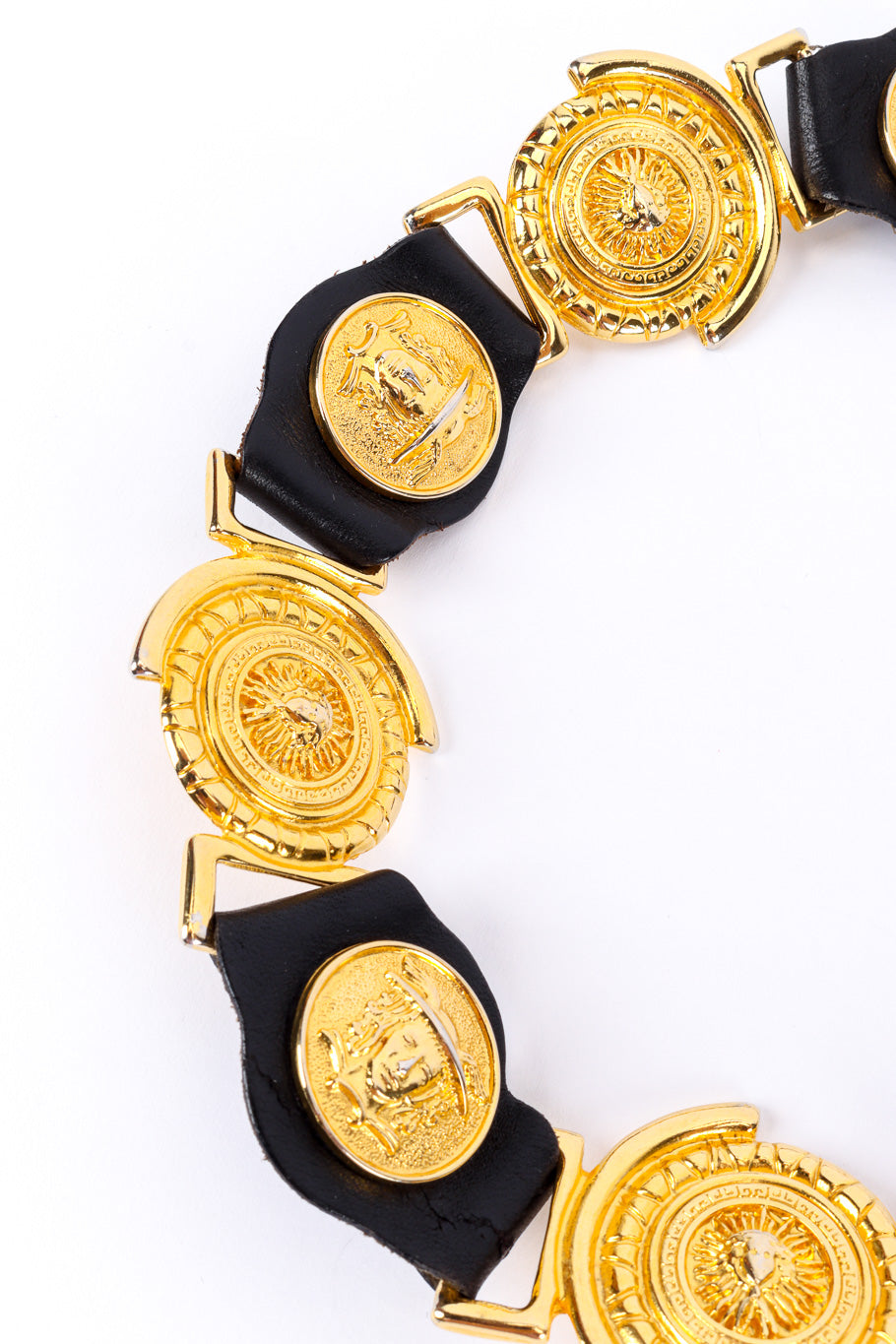 Medallion linked leather belt by Milos on white background arch view @recessla