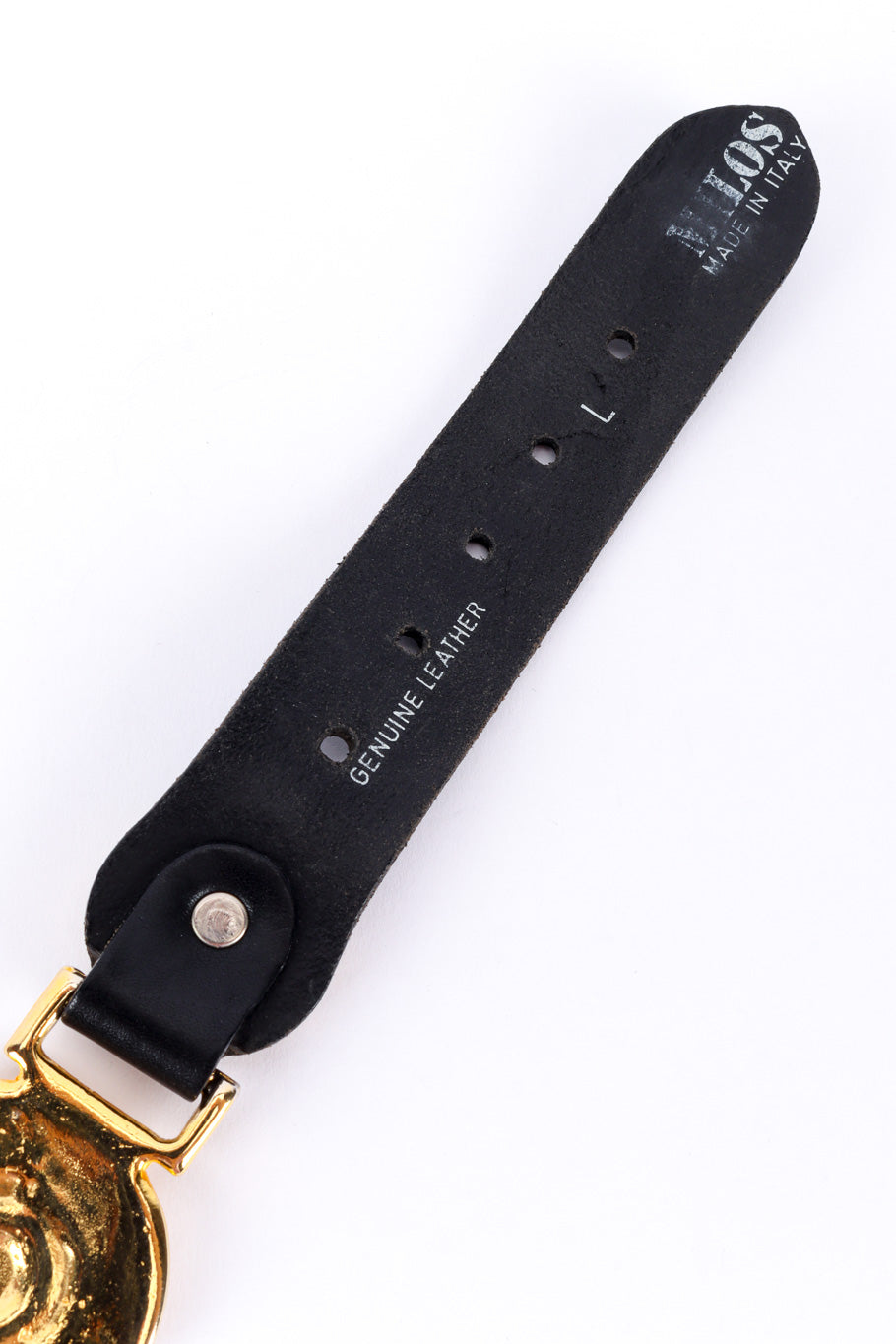 Medallion linked leather belt by Milos on white background end tab @recessla