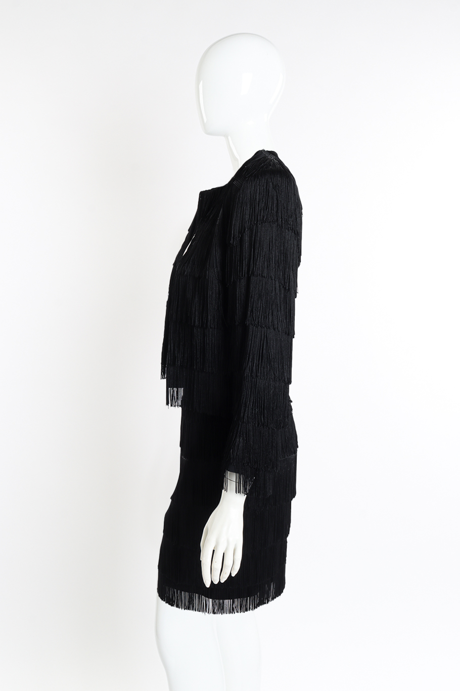 Vintage Moschino Couture Fringe Jacket and Skirt Set side on mannequin @recessla