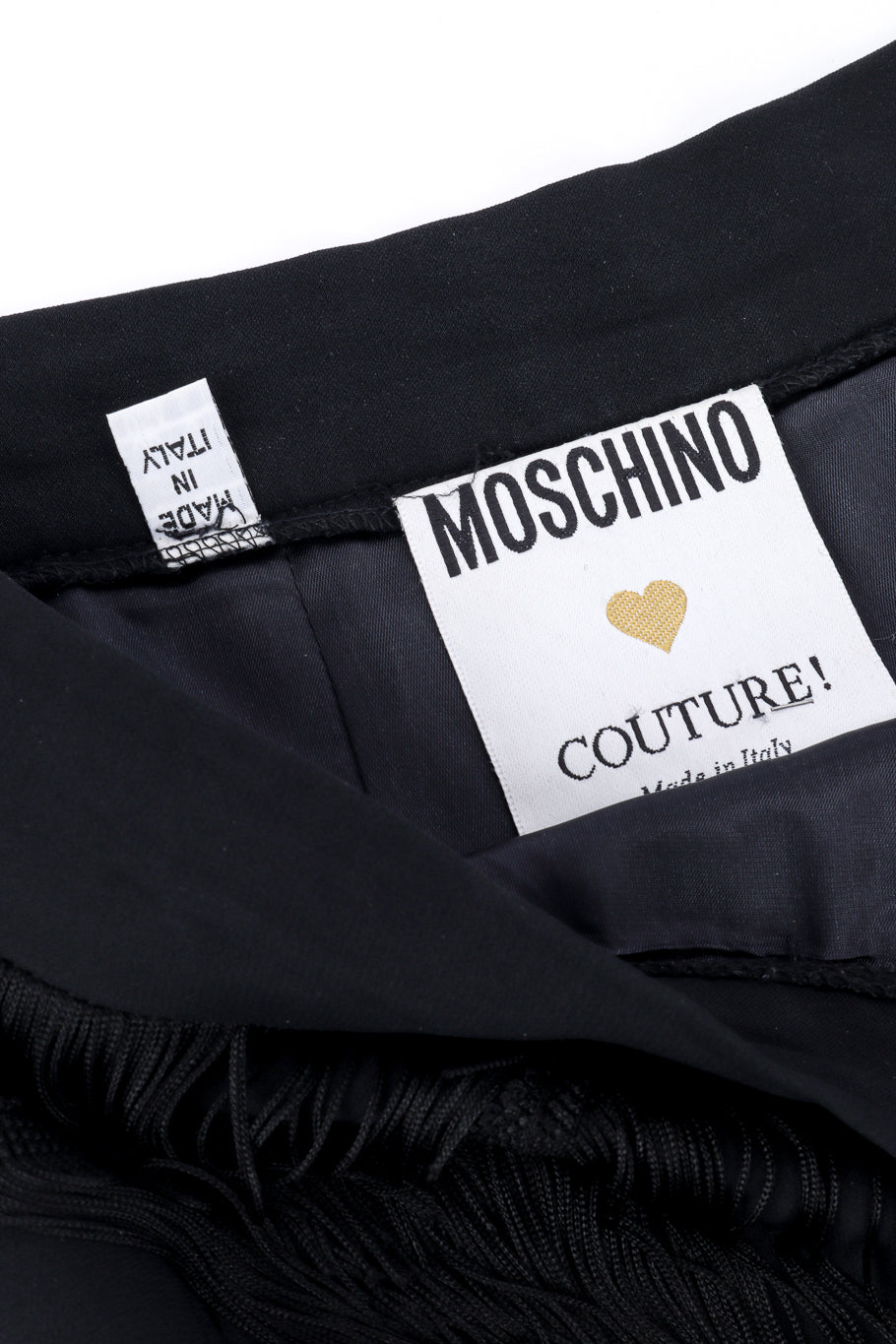 Vintage Moschino Couture Fringe Jacket and Skirt Set skirt signature label closeup @recessla