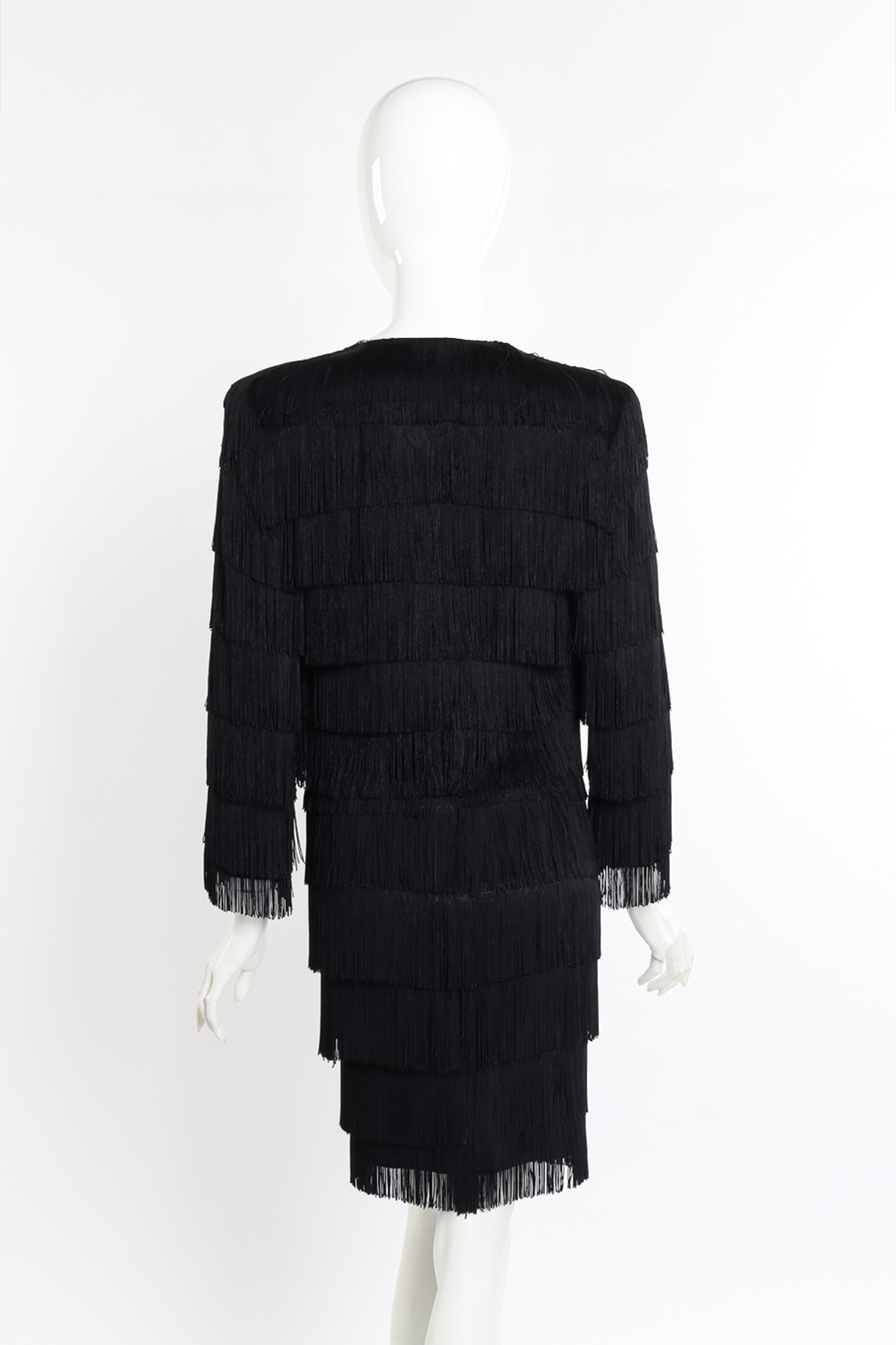Vintage Moschino Couture Fringe Jacket and Skirt Set back on mannequin @recessla