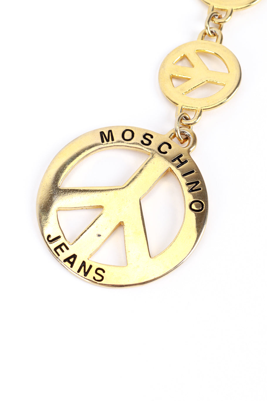 Vintage Moschino Jeans Peace Sign Draped Chain Belt II signature stamped end charm closeup @recess la