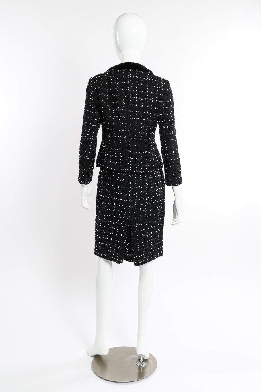 Vintage Moschino Dot Bouclé Jacket and Skirt Set back view on mannequin @recessla