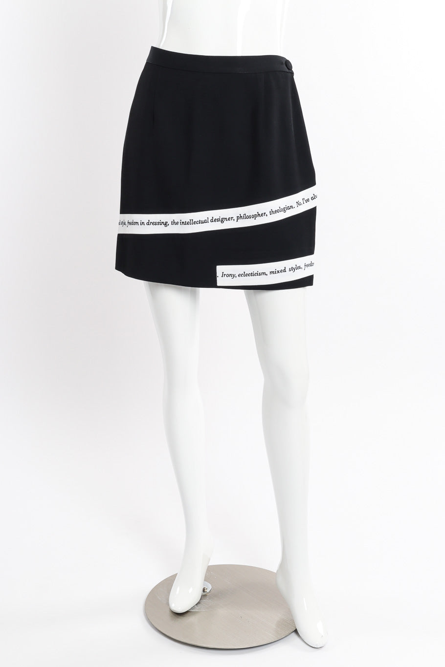 Irony of Design Text Blazer & Skirt Suit by Moschino on mannequin skirt only front @recessla