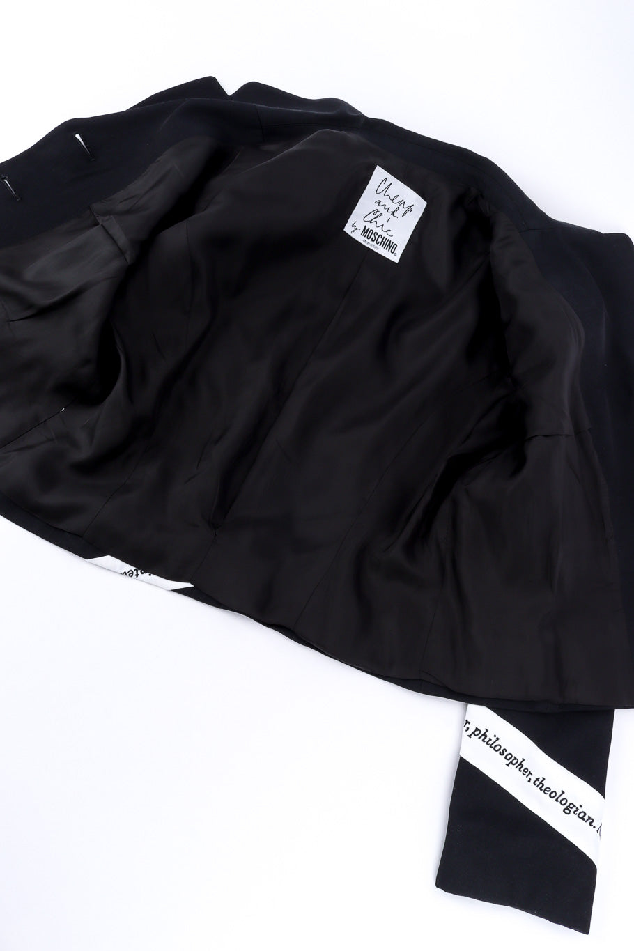 Irony of Design Text Blazer & Skirt Suit by Moschino jacket open  @recessla