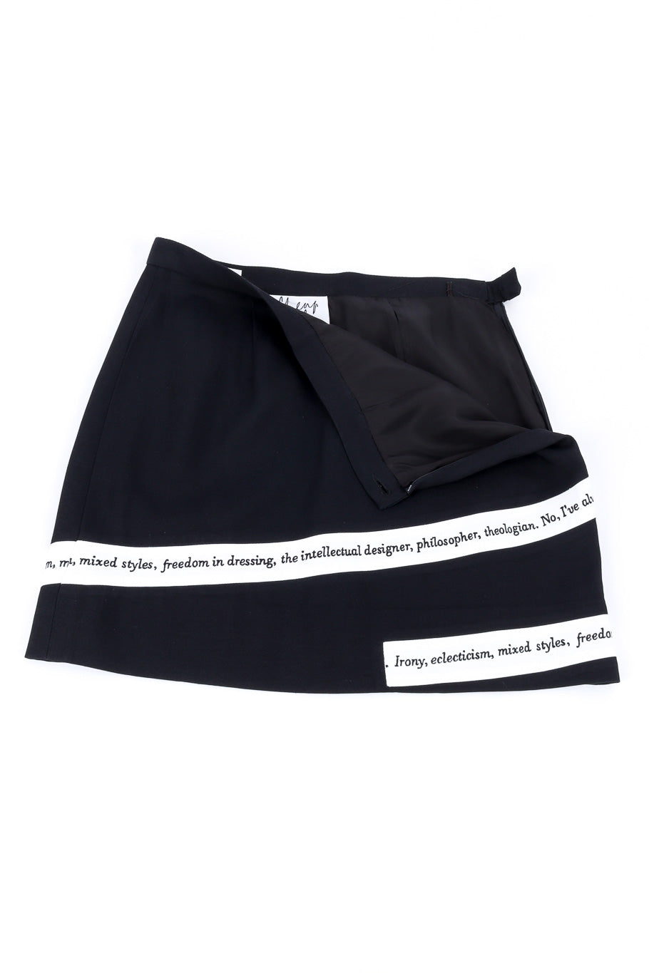 Irony of Design Text Blazer & Skirt Suit by Moschino skirt unzipped  @recessla