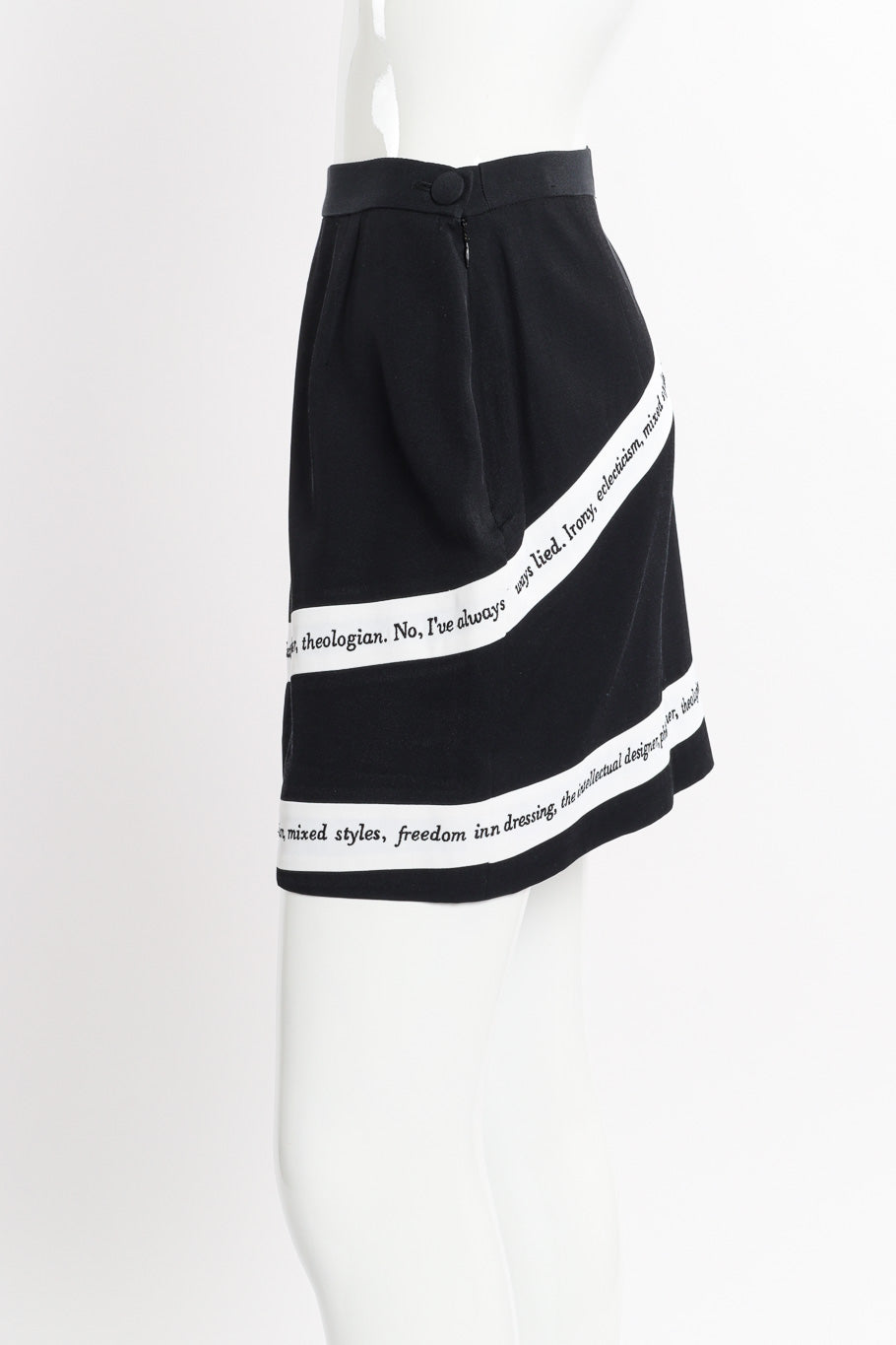 Irony of Design Text Blazer & Skirt Suit by Moschino on mannequin skirt only side @recessla