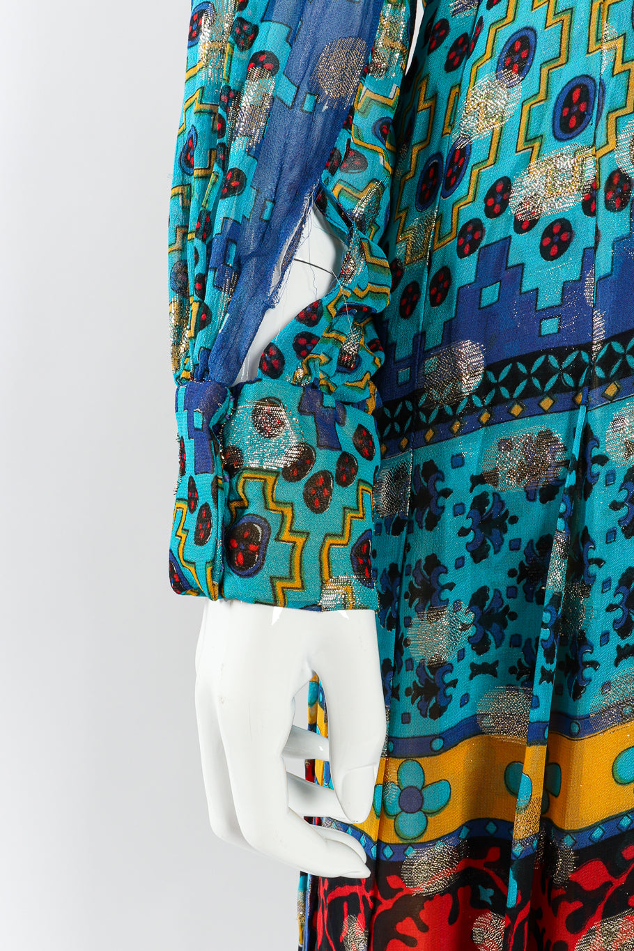 Vintage Malcolm Starr Paisley Print Hostess Dress split seam at right cuff closeup @Recessla