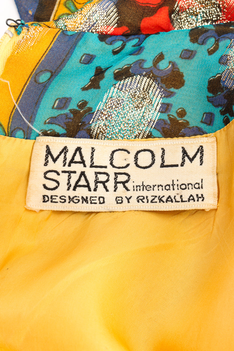 Vintage Malcolm Starr Paisley Print Hostess Dress signature label closeup @Recessla