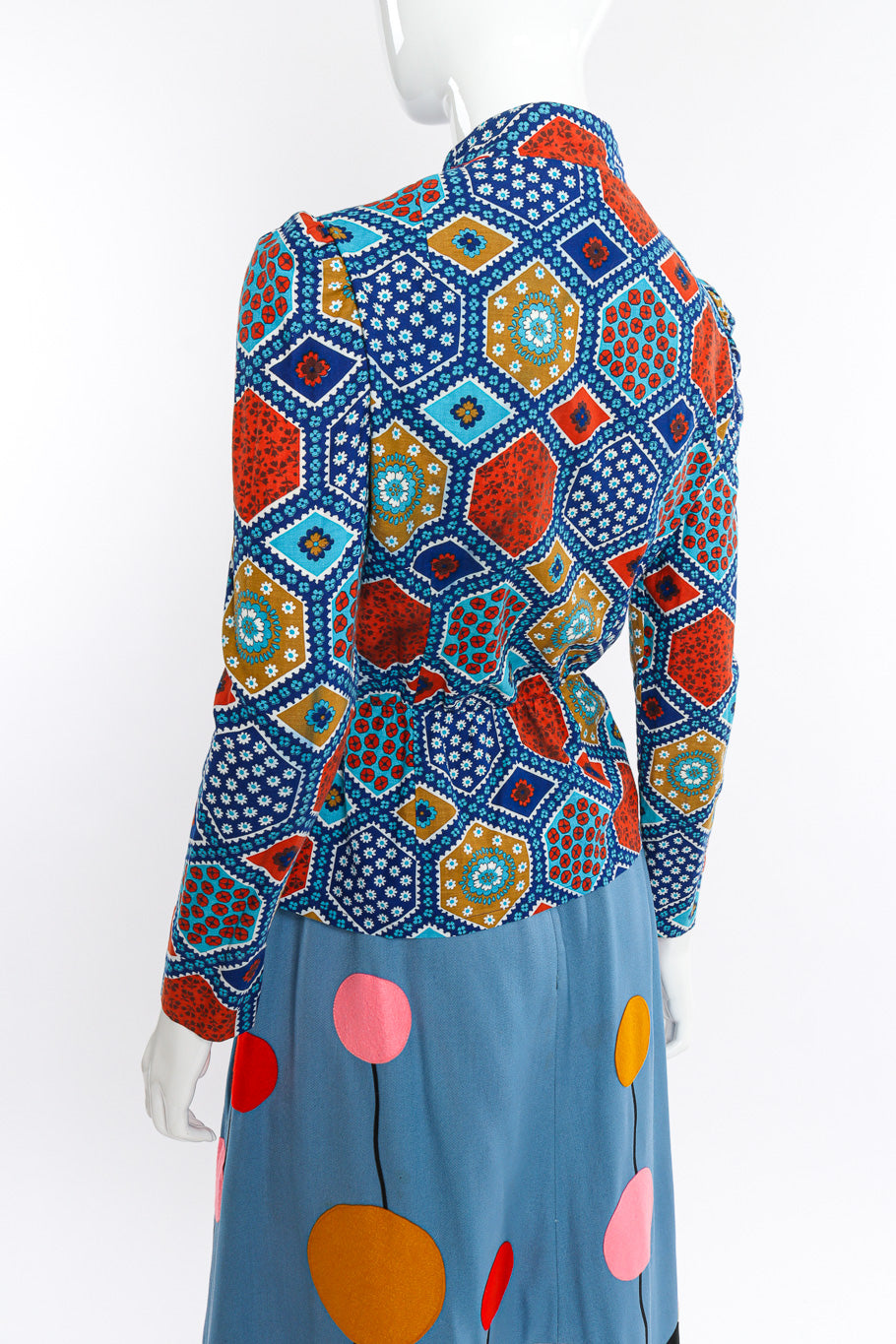 Vintage Malcolm Starr Geometric Top and Skirt Set back on mannequin closeup @recessla