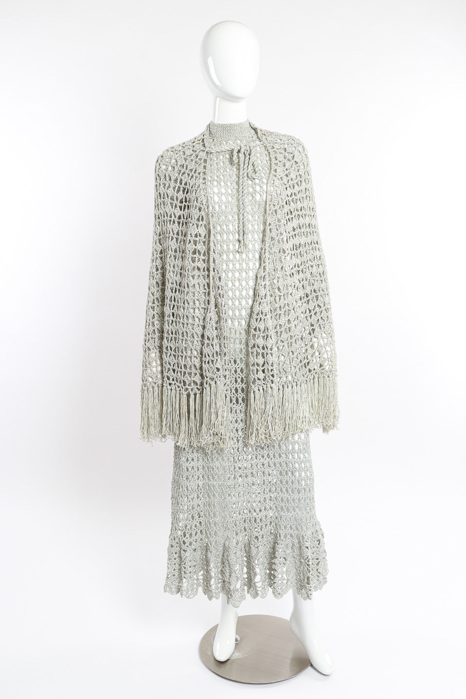 Metallic Silver Crochet Net Dress & Poncho on mannequin @recessla