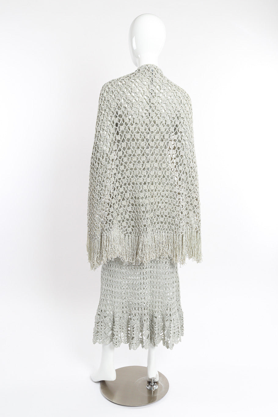 Metallic Silver Crochet Net Dress & Poncho on mannequin back @recessla