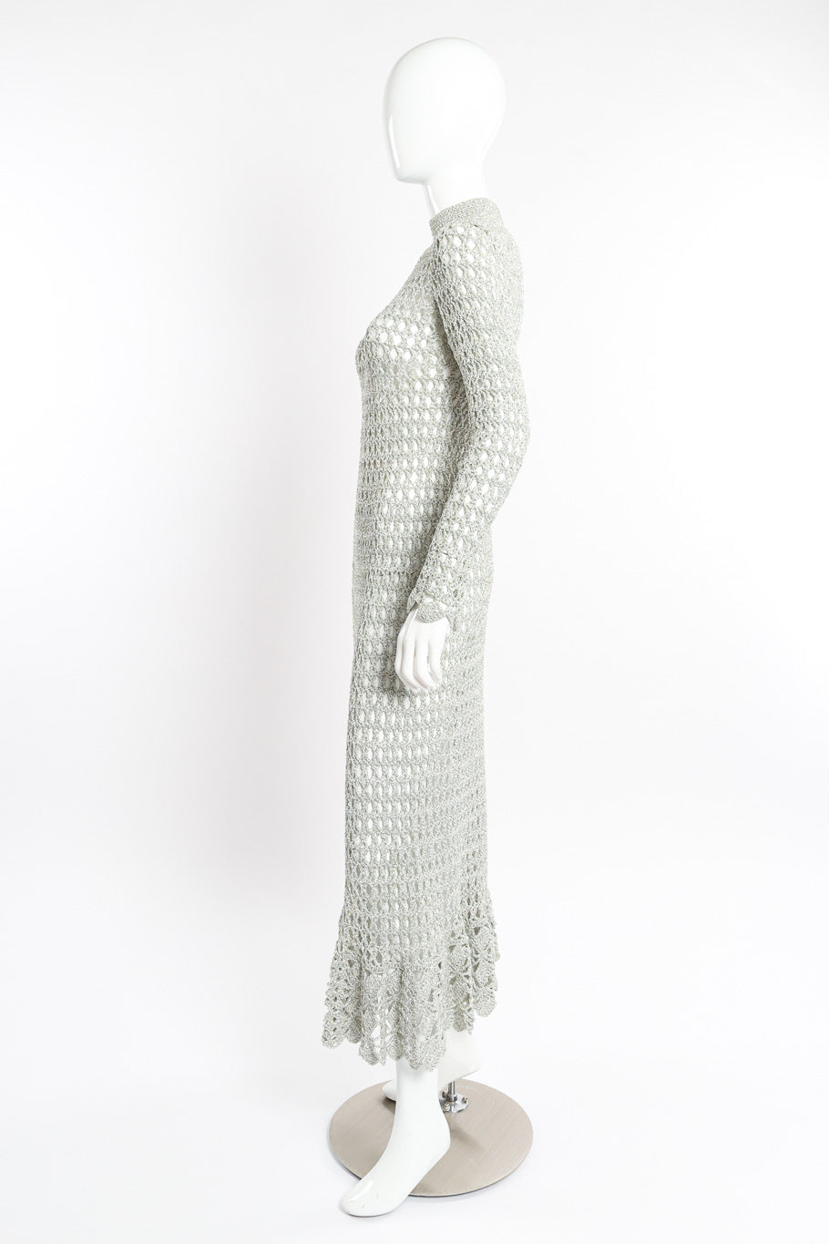 Metallic Silver Crochet Net Dress & Poncho on mannequin dress only side @recessla