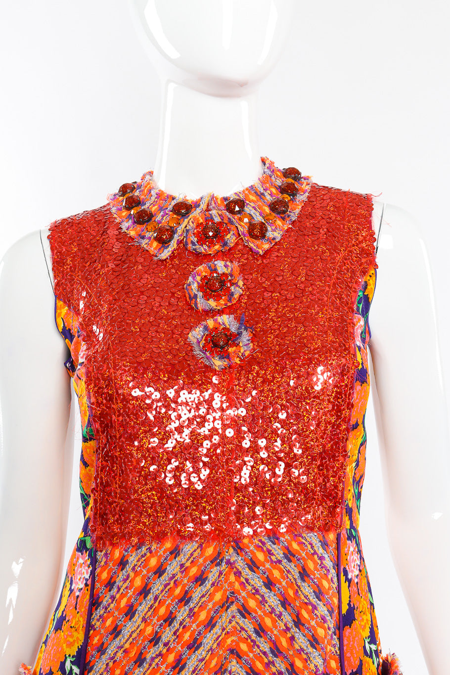 Floral lamé knit sequin dress by Marc Jacobs on mannequin chest close @recessla