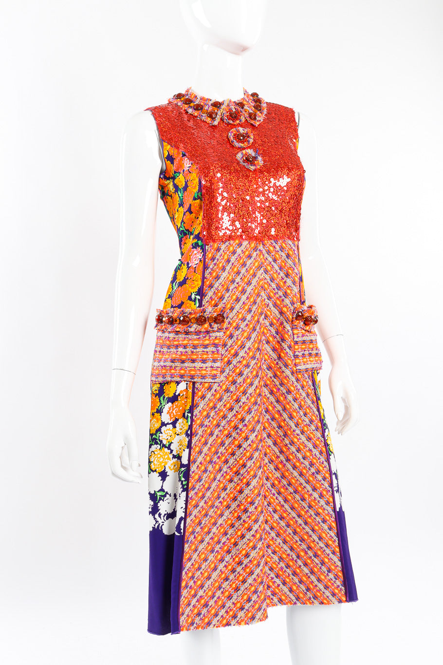 Floral lamé knit sequin dress by Marc Jacobs on mannequin front close @recessla