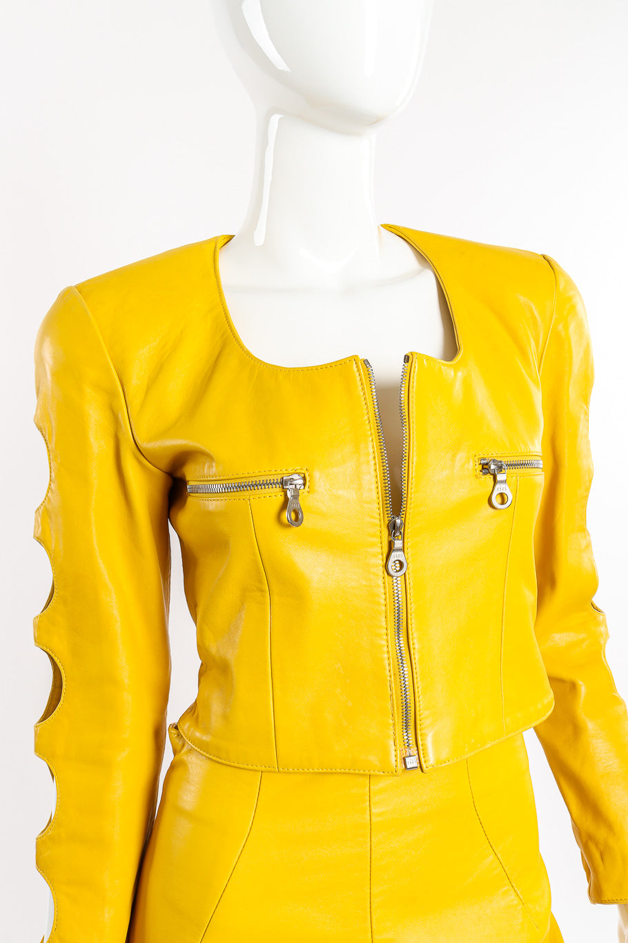 Vintage North Beach Cutout Leather Jacket and Skirt Set front view of jacket on mannequin closeup @Recessla